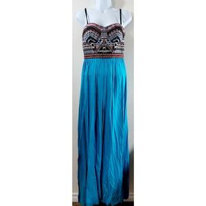 Soieblu Blue Multi Color Embroidered Strapless Maxi Dress Small Lightweight